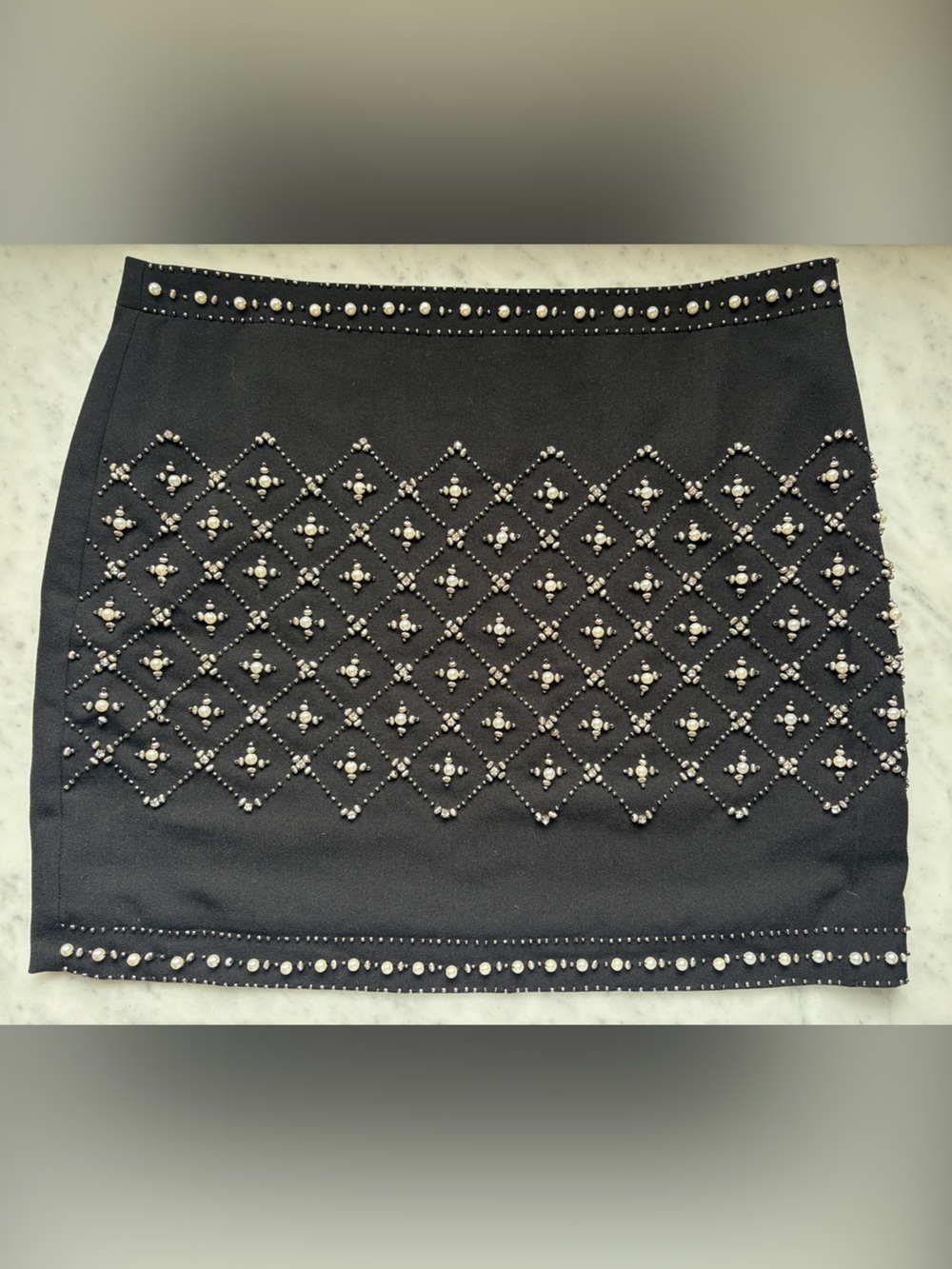 Embellished Black Mini Skirt with Pearl & Bead Detail